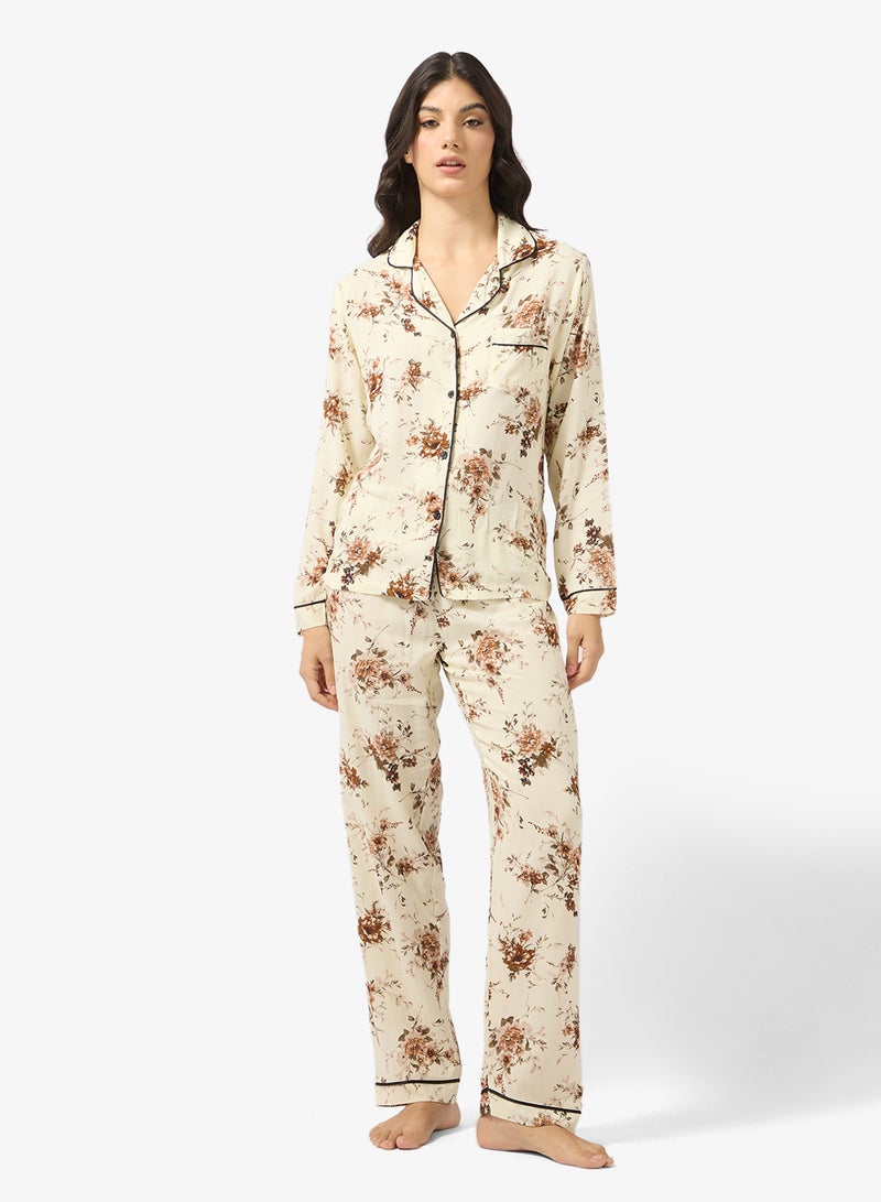 جينجر طقم بيجامة وقميص بأزرار بطبعة زهور - Image 1